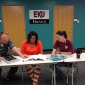 CJ Instructor David Lawson helps students with exam material during the Hazard Campus Final Study Session 5-4-2015