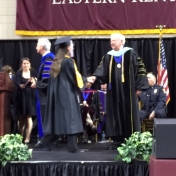 Hazard Regional Campus student Carolyn Williams shakes the hand of Dean Ault after accepting her diploma at the CJS Commencement 5-16-15