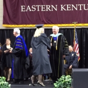 Hazard Regional Campus student Vanessa Combs shakes the hand of Dean Ault after accepting her diploma at the CJS Commencement 5-16-15