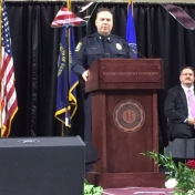 Keynote speaker Chief Mark Barnard of the Lexington Police Department addresses graduates at the CJS Commencement 5-16-15